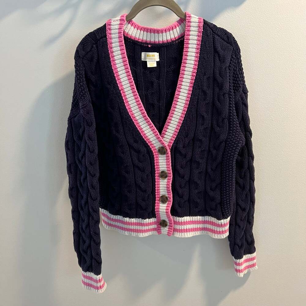 Anthropologie Maeve Navy and Pink Varsity Cable Knit Cardigan Sweater Size M